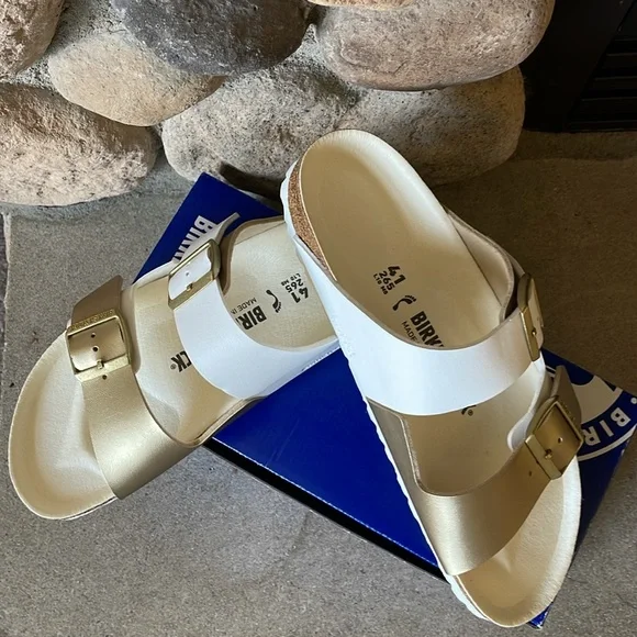 Birkenstock Arizona Split White and Gold Sandals Sz 10 M, 41 - Picture 9 of 13